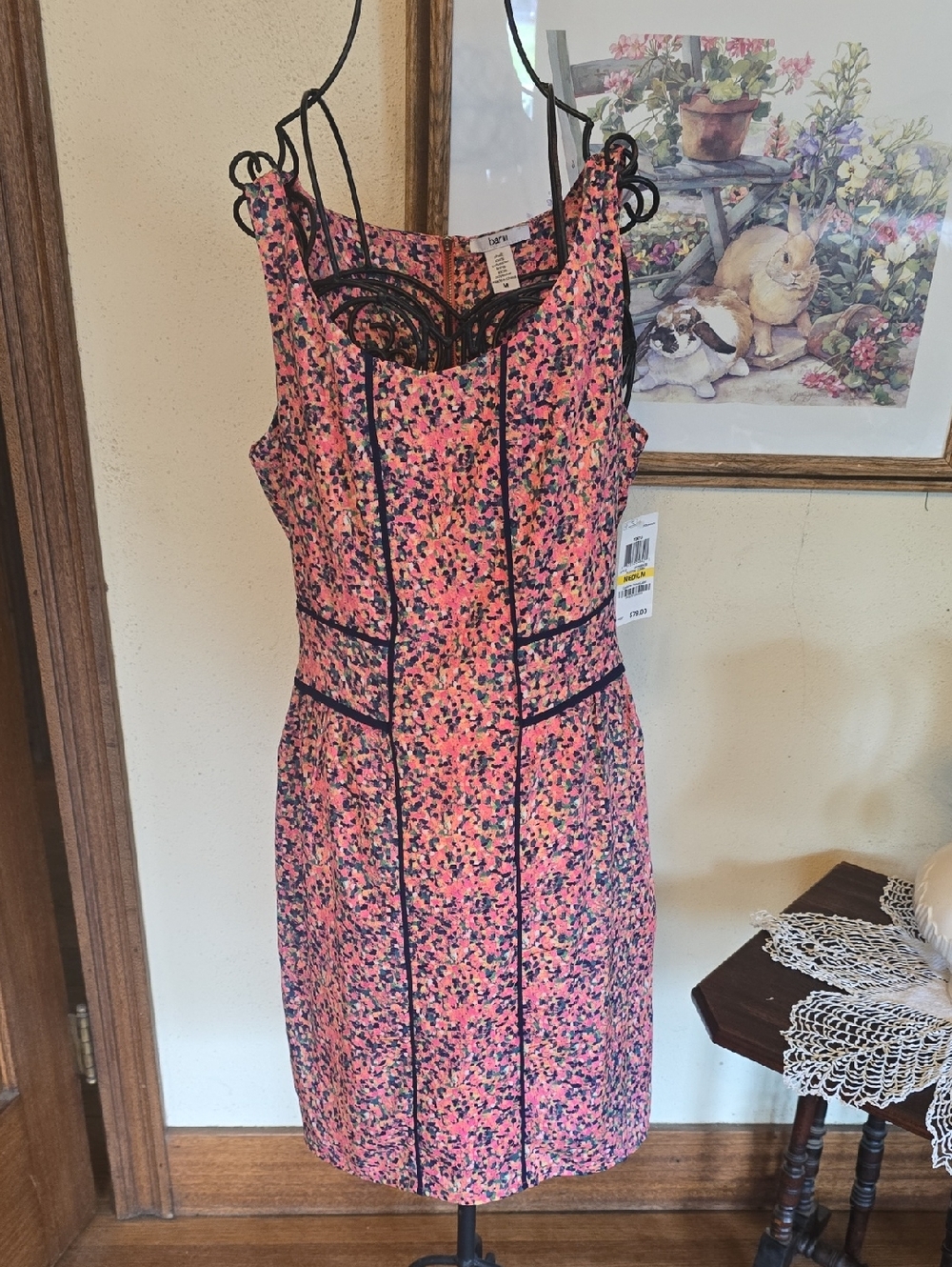 Bar III Pink Multi-Color Floral Sheath Dress with Dark Trim
